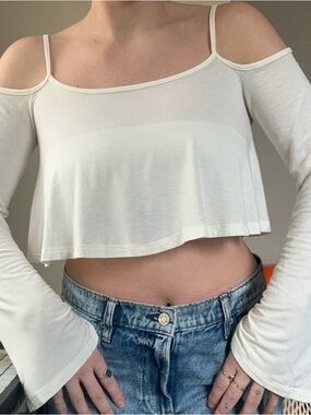 Tobi White Cold-Shoulder Cropped Tank with Bell Sleeves